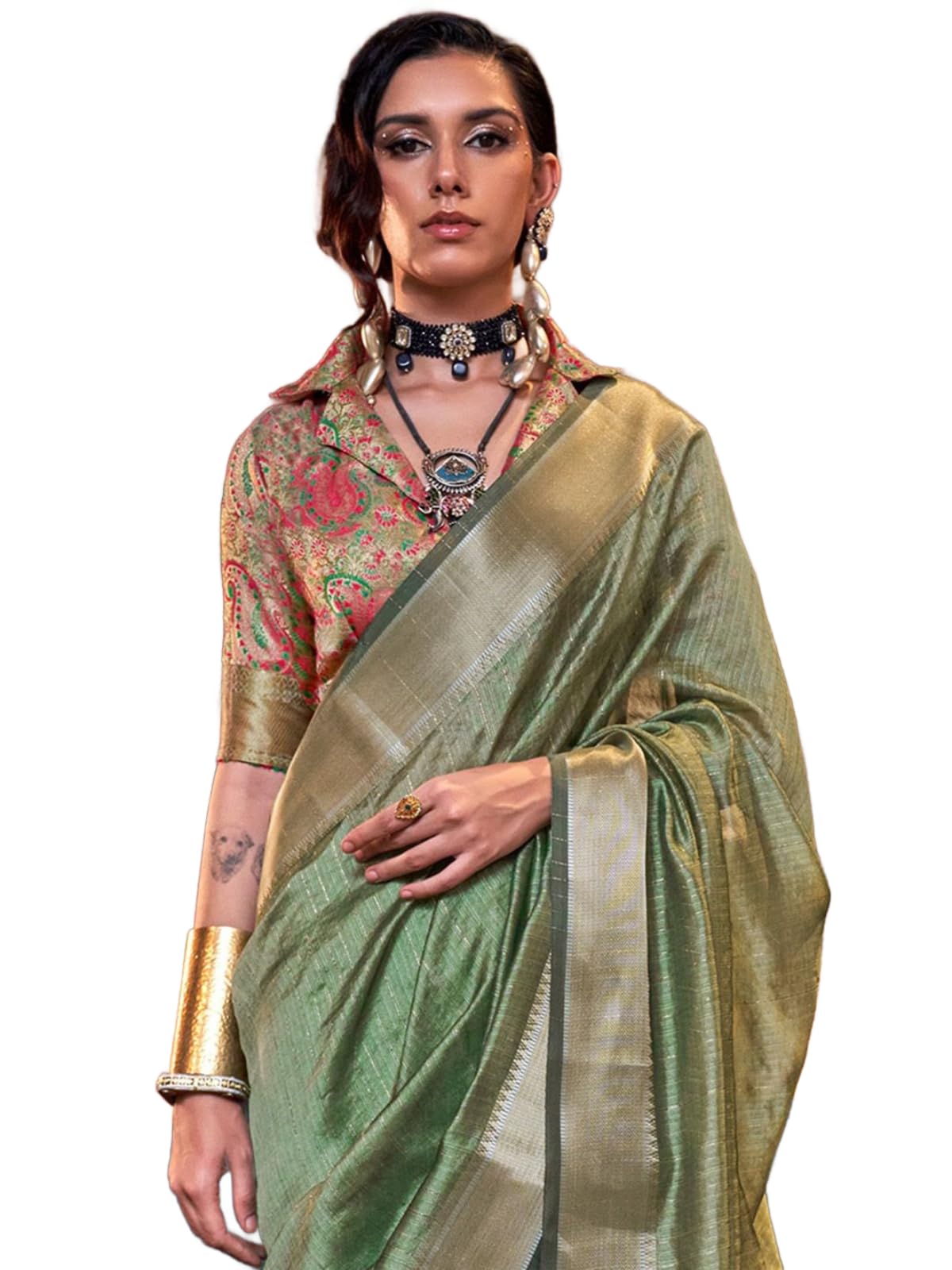 Madhuhansh Womens Soft Linen Saree With Unstitched Multicolor Paisley Blouse Piece Saree With Satin Border Comfortable Skin Frie