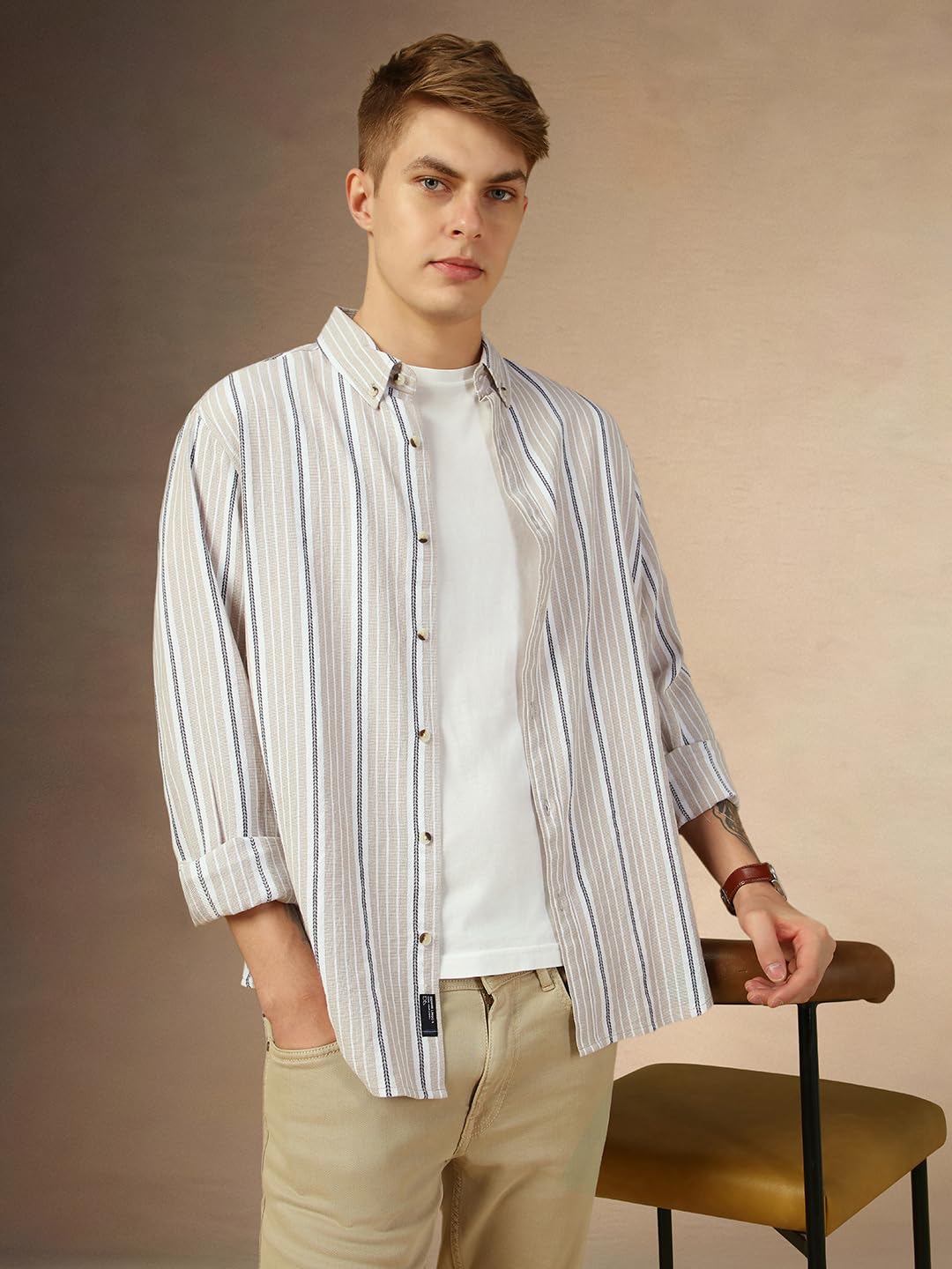 Dennis Lingo Men Beige Stripes Relaxed Fit Full Sleeve Button Down Collar Shirts