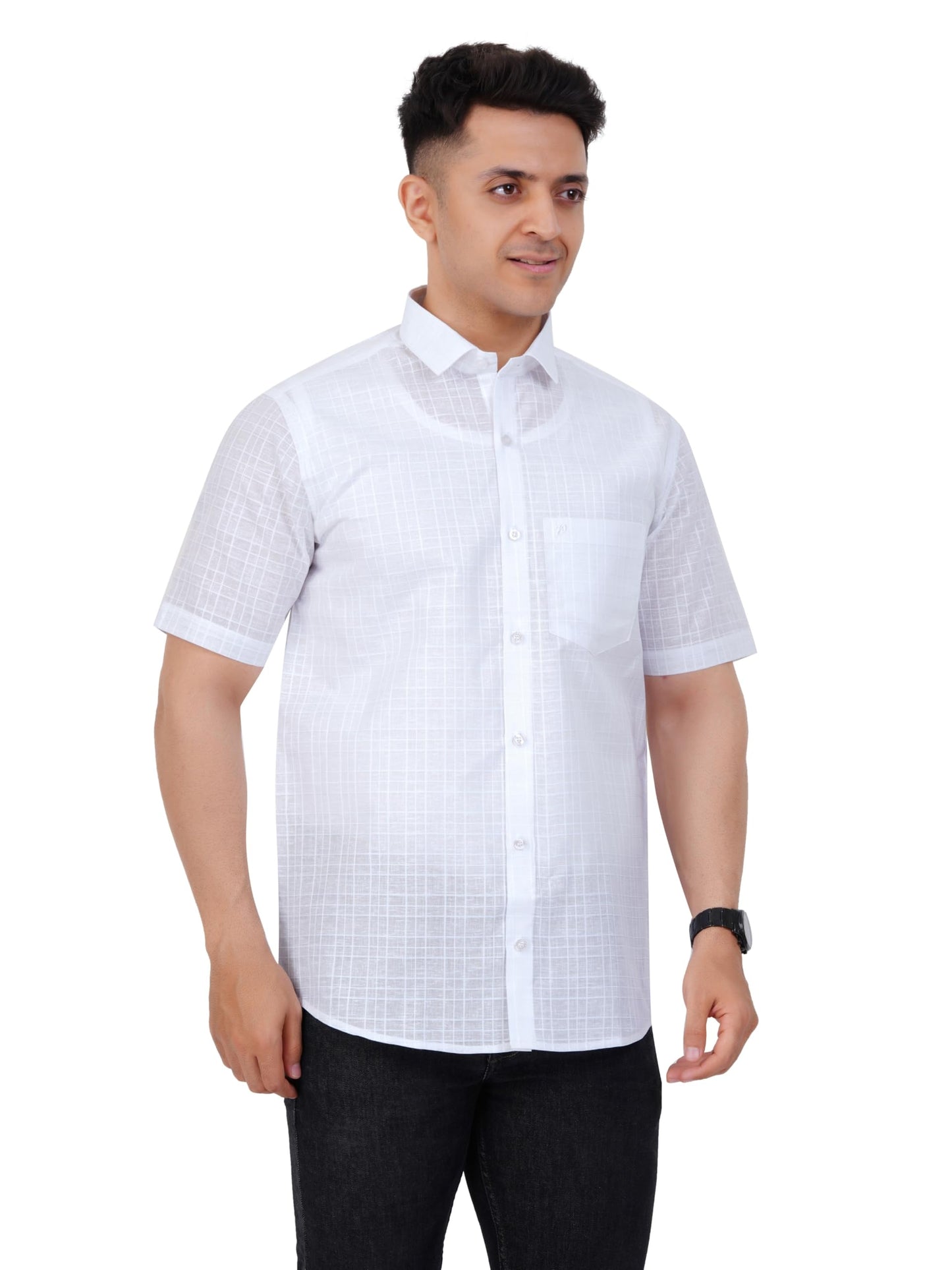 PRAKASAM COTTON Minister Cotton White Half Sleeve Shirt for Mens/Transparent Self Design Cotton White Regular Fit Shirt for Men
