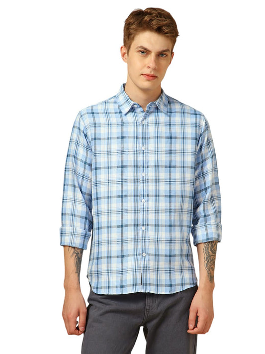Dennis Lingo Men Relaxed Fit Cotton Full-Sleeves Checks Casual Shirts Blue