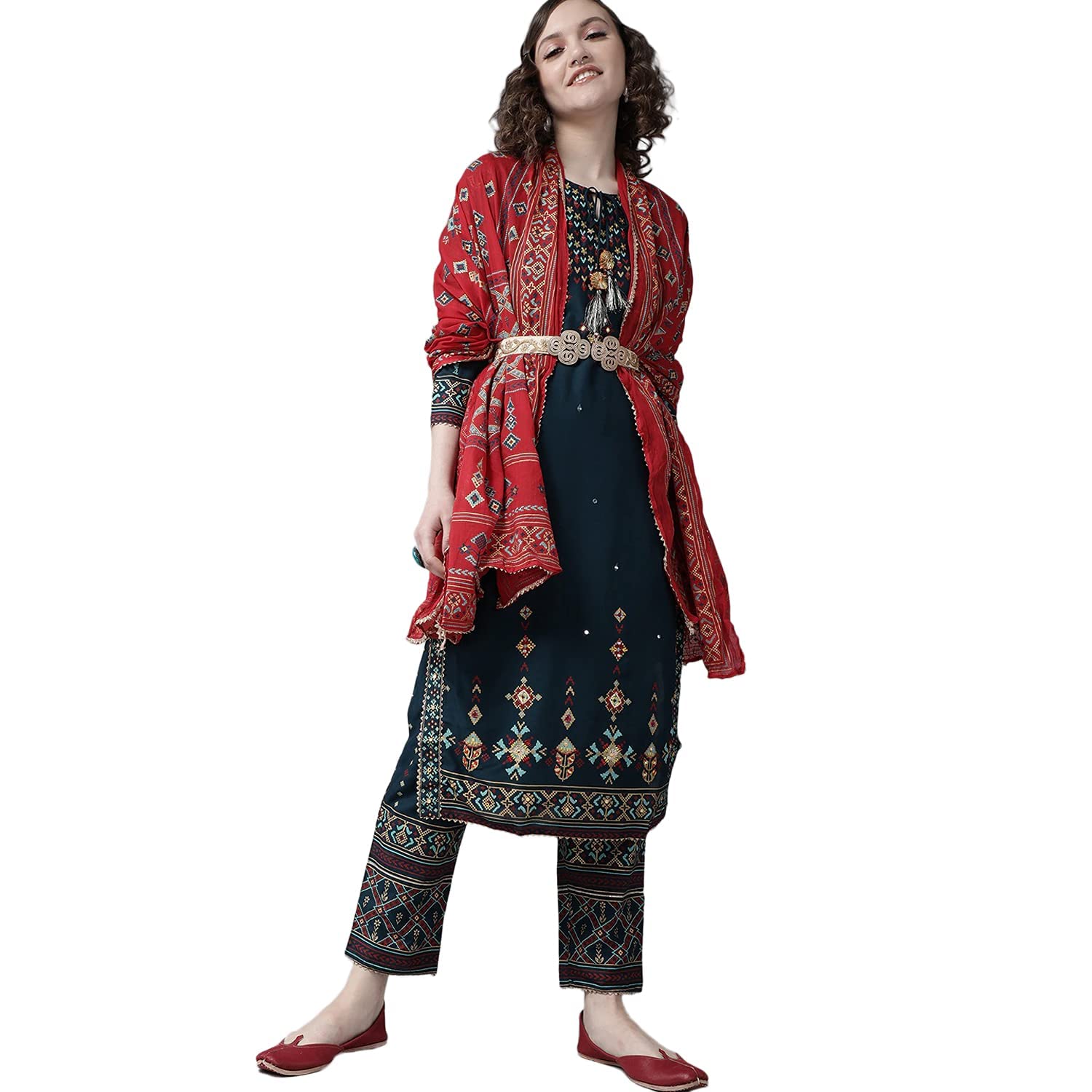 ishin Women's Viscose Rayon A-Line Embroidered Kurta suit Set With Dupatta & Pant