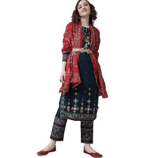 ishin Women's Viscose Rayon A-Line Embroidered Kurta suit Set With Dupatta & Pant