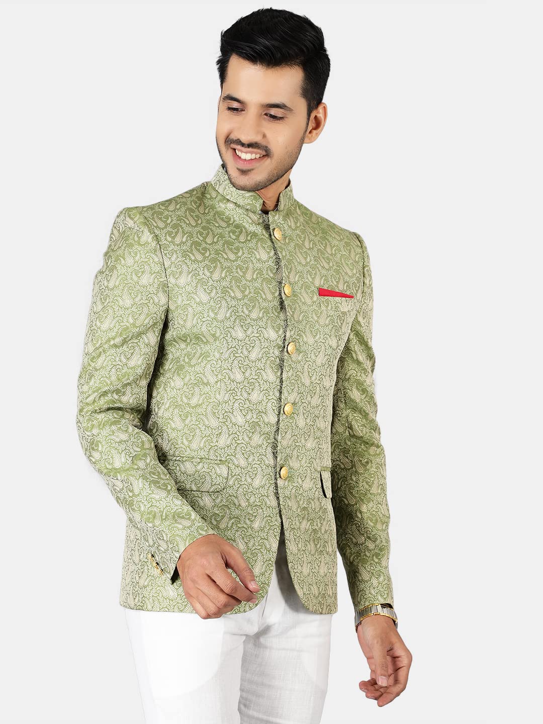 WINTAGE Mens Banarasi Rayon Cotton Green Bandhgala: 44/ XL