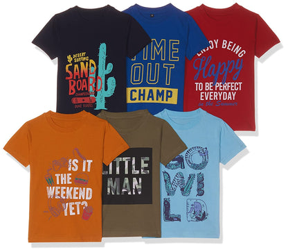 T2F Boys Cotton Printed Regular Fit T-Shirt (Pack of 6)
