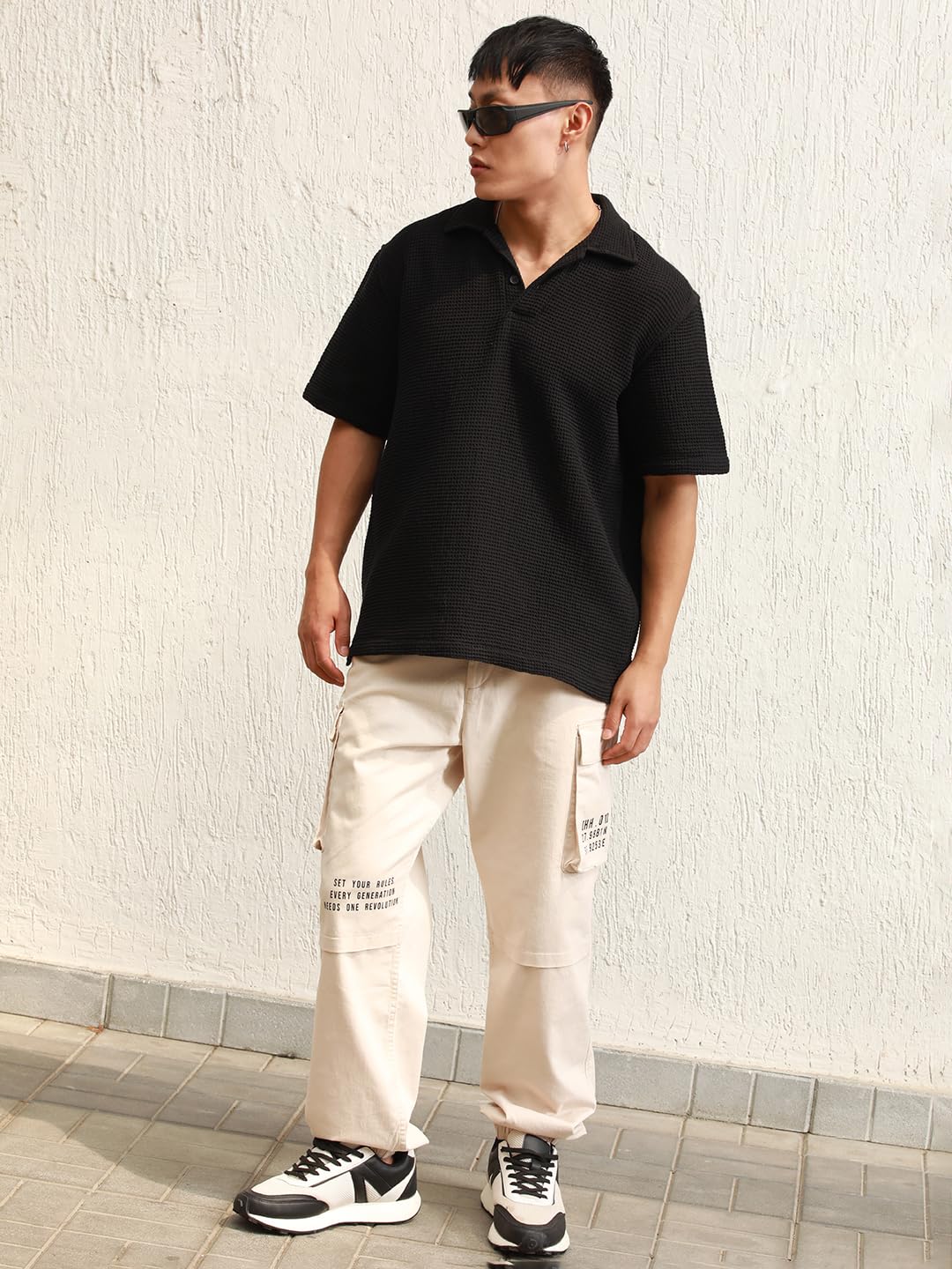 Hubberholme Black Cotton Short Sleeves Polo Collar Oversized Tshirts