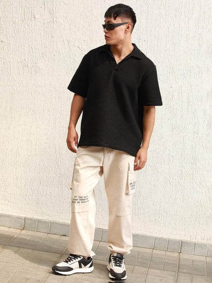 Hubberholme Black Cotton Short Sleeves Polo Collar Oversized Tshirts