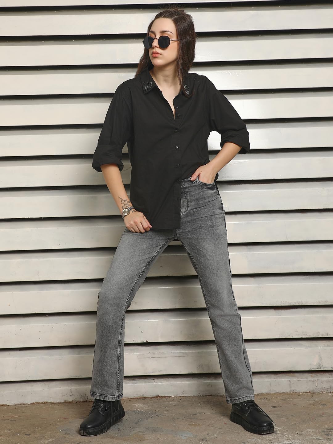 High Star WomenS Oversized Fit Shirt (Hswshs2434_Jun_Black