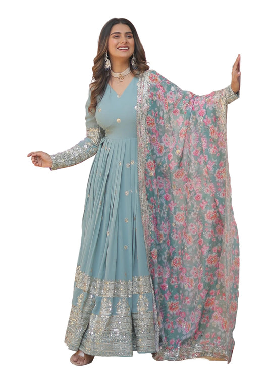 Fashion Basket Georgette Embroidered Dress For Women Light Blue