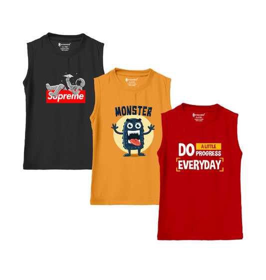 Kyda Kids 100% Cotton Bio Washed Premium Printed Boys Sleeveless Loose Fit Tshirt - Antibacterial Boys Vest - Pack Of 3