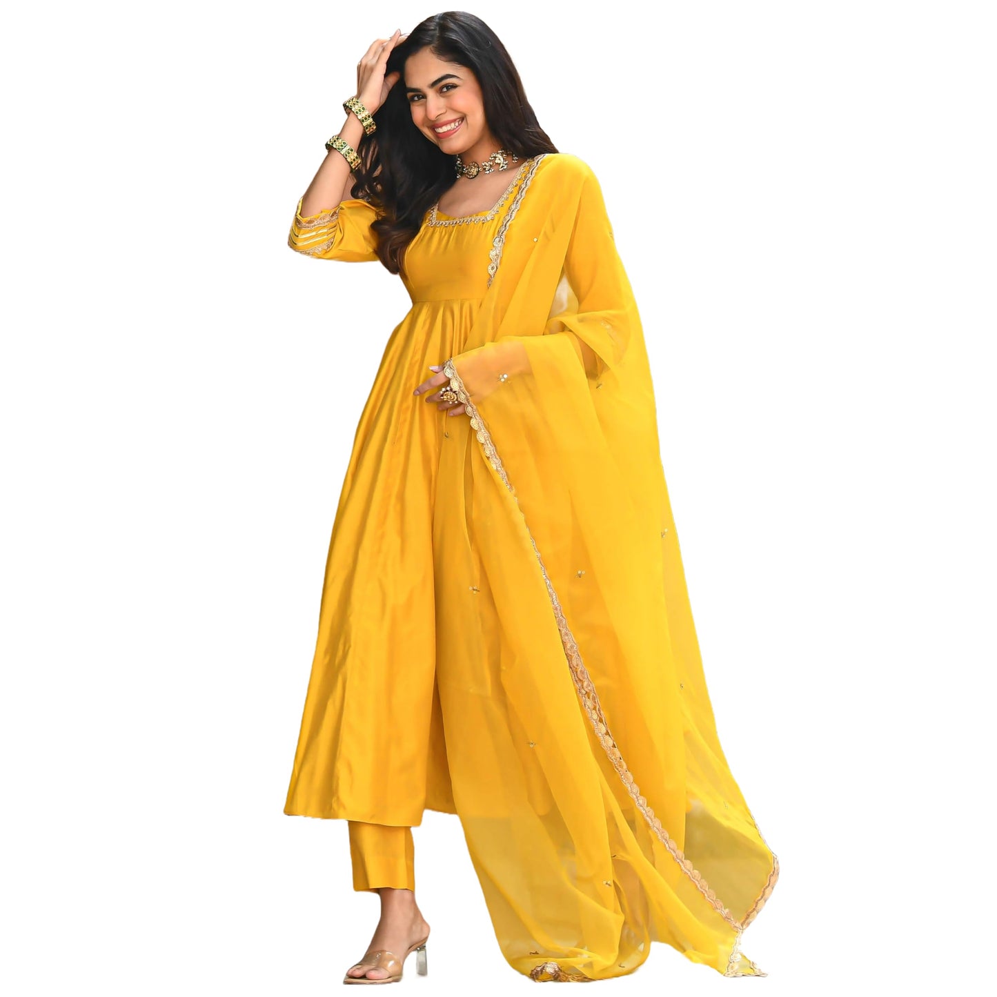 Gosriki WomenS Rayon Blend Anarkali Solid Kurta With Pant & Dupatta (Sitapati Yellow-Gs_4Xl_Yellow_Xxxx-Large)