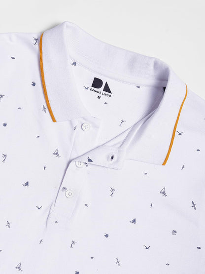 Dennis Lingo Mens Cotton White Tropical Polo T-Shirt