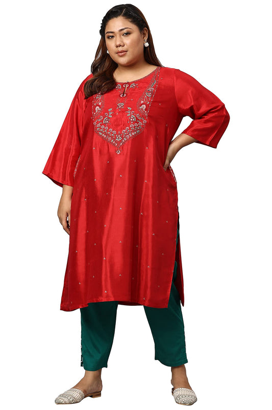W for Women Plus Size Red Embroidered Shantung Kurta
