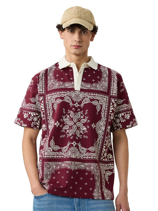 The Souled Store Paisley Men and Boys Short Sleeves Collared Neck Red All Over Printed Cotton Oversized Polos
