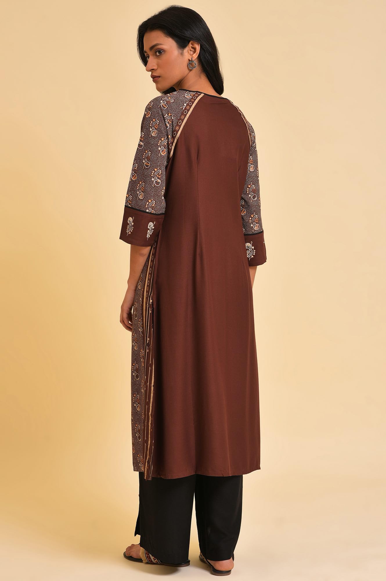 W For Woman Brown Paisley Printed Straight Long Kurta With Coins