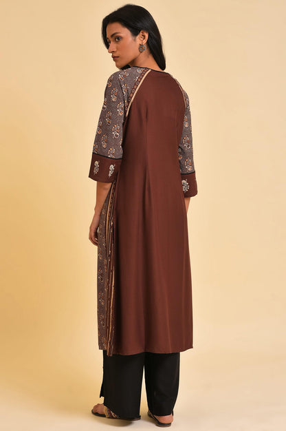 W For Woman Brown Paisley Printed Straight Long Kurta With Coins