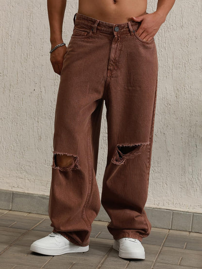Hubberholme Men Brown Cotton Relaxed Fit Mid-Rise Solid Jeans