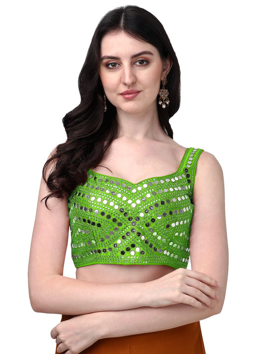 Pujia Mills Womens Multicolor Heavy Phantom Silk Thread Zari and Sequence Work and Real Mirror Hand Work Readymade Saree Blouse