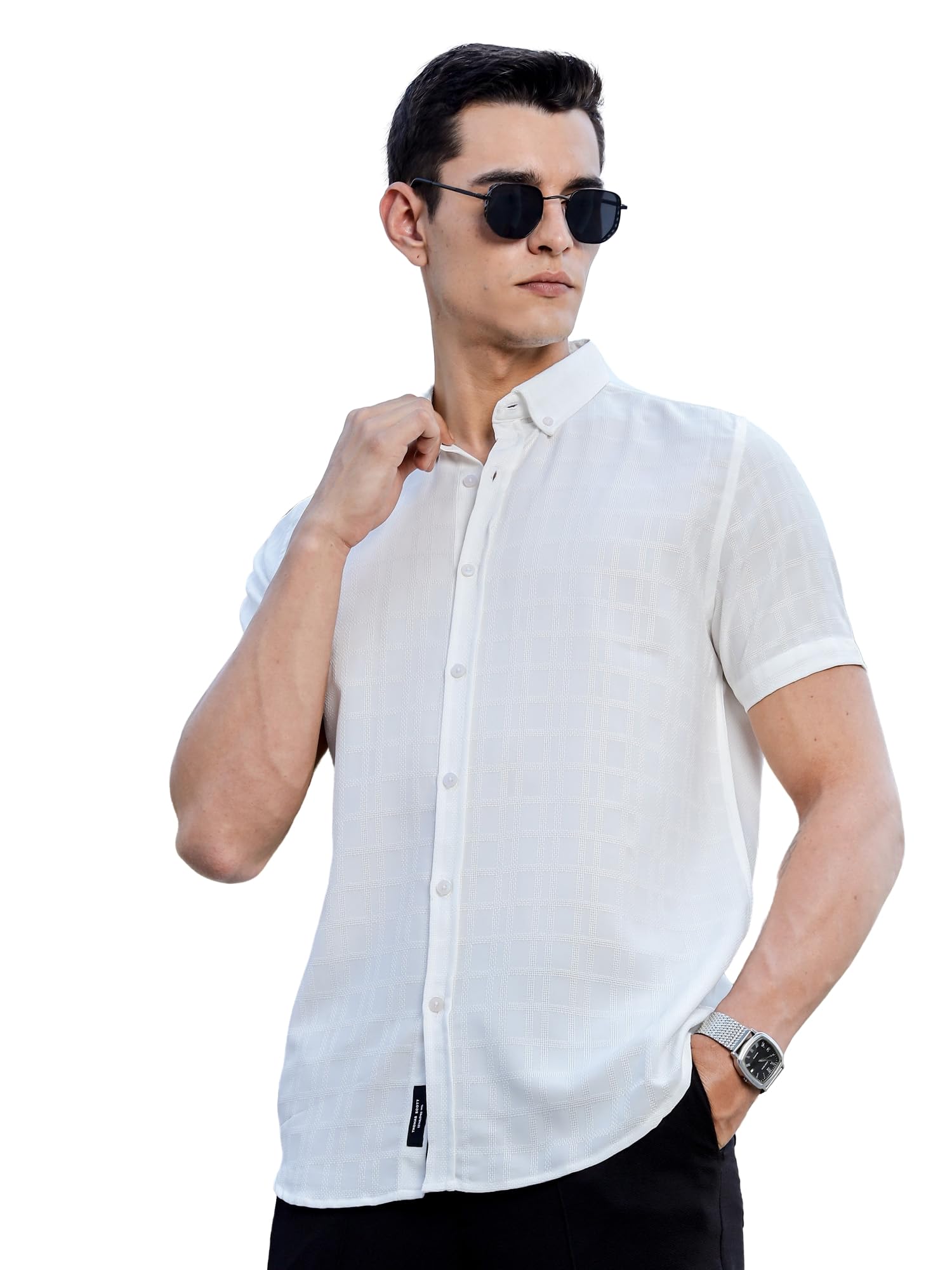 Thomas Scott Mens | Self Designed | Short Sleeves | Solid | Button Down Collar | Slim Fit | Polyster Blend | Shirt | (TS1717_Wh