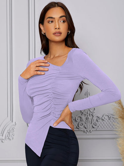 Shasmi Womens & Girls Peach Long Sleeve Asymmetrical Neck Solid Color Ruched Front Asymmetrical Hem Tee Workwear Fancy Top, T-