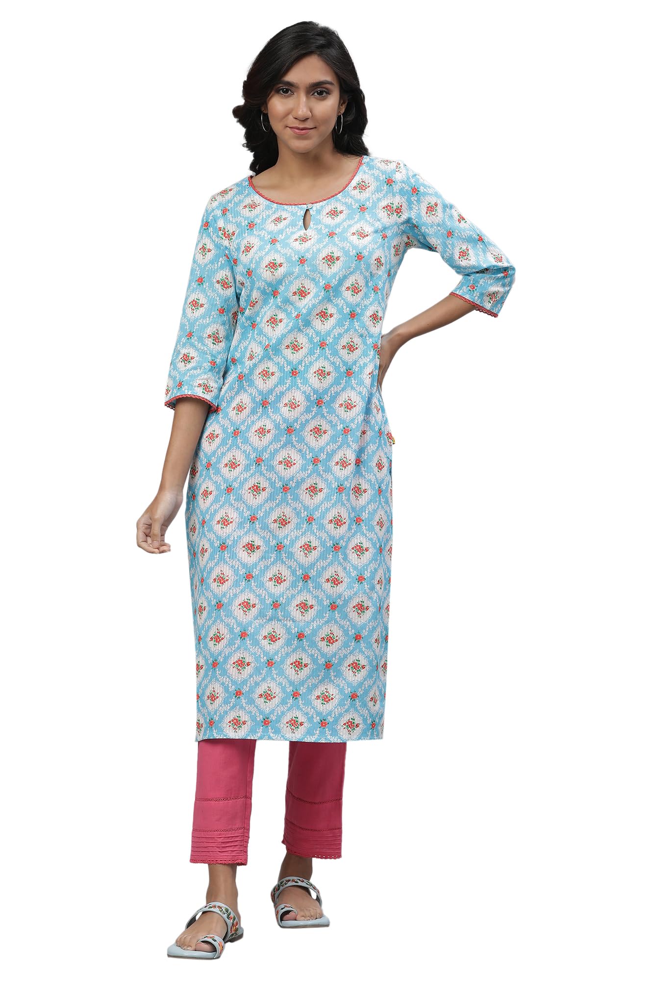 Aurelia Womens Blue Geometric Printed Printed Lace Cotton Straight Long Kurta