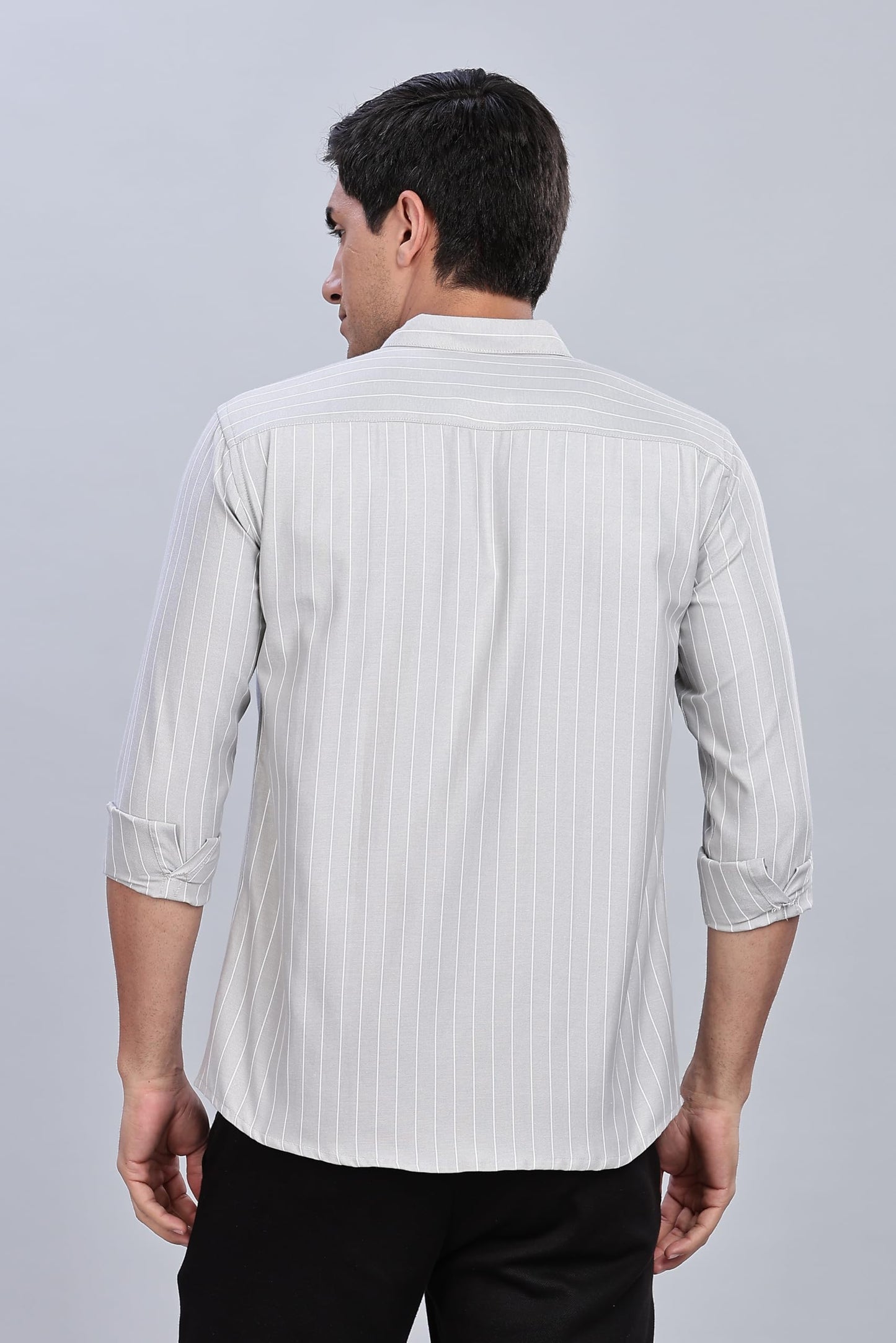 Mildin MenS Grey Pure Cotton Full Sleeve Spread Collar Regular Fit Striped Printed Formal Shirt With Patch Pocket (Grey Oxford