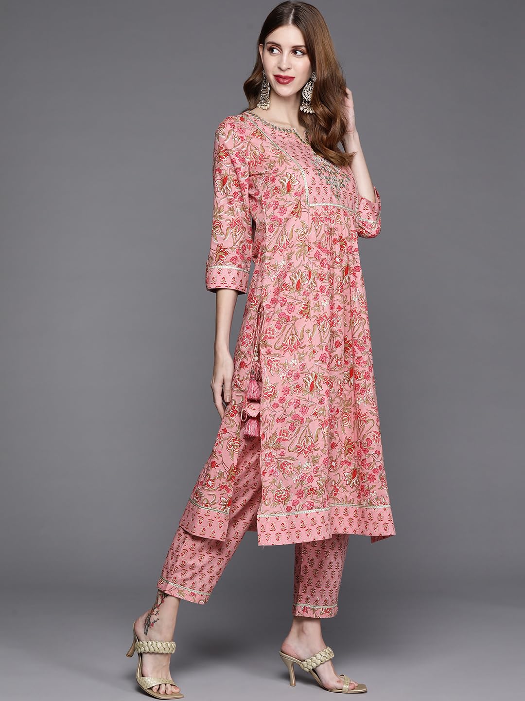 Varanga Women Floral Printed Embroidered Kurta With Straight Pant And Chiffon Dupatta Pink