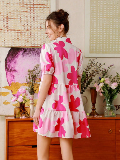 Shasmi WomenS Pink Flower Print Short Sleeve Button Front All-Over Printed Dresses, Ruffle Hem Smock Dress For Woman (161 Dress