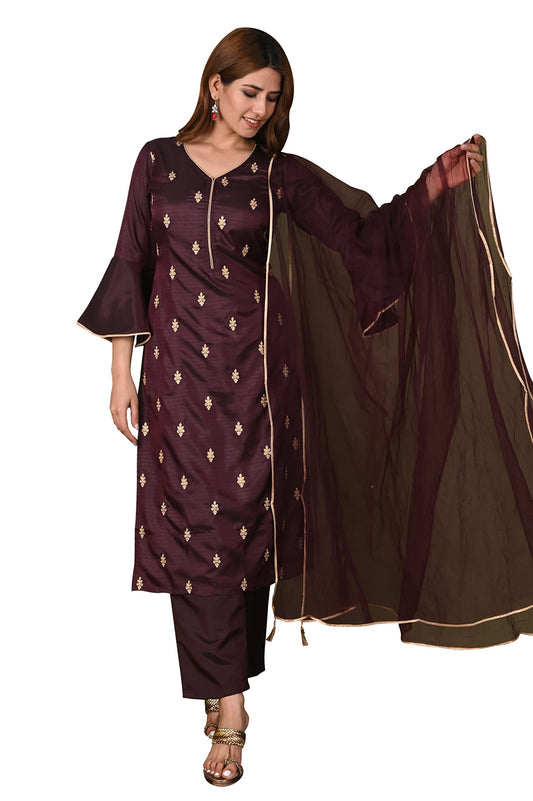 GoSriKi Women's Silk Blend Kurta with Pant and Dupatta