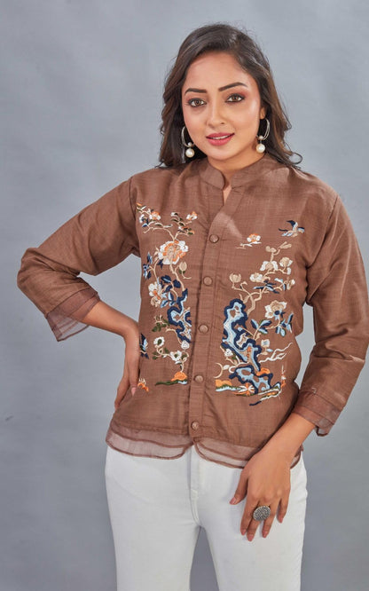 Kesudi WomenS Rayon Floral Embroidered Tunic Top With Mandarin Neck 3/4 Sleeve Extra Short Length And Button Closure | Se-River