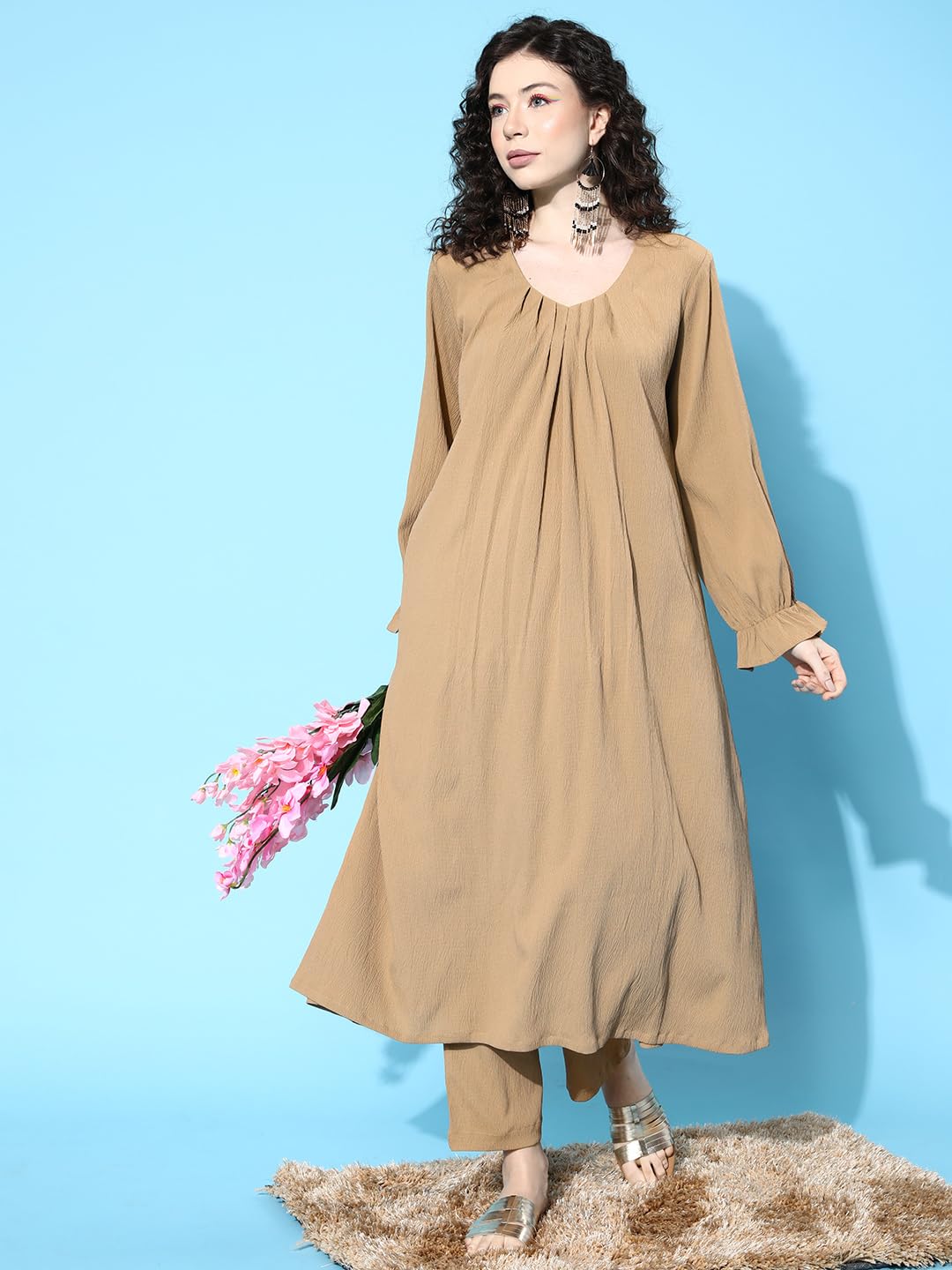 Varanga Women Beige Colour, Bishop Sleeve A-Line Kurta Paired With Tonal Bottom  Elegant & Comfortable Ethnic Wear For Women, Pe