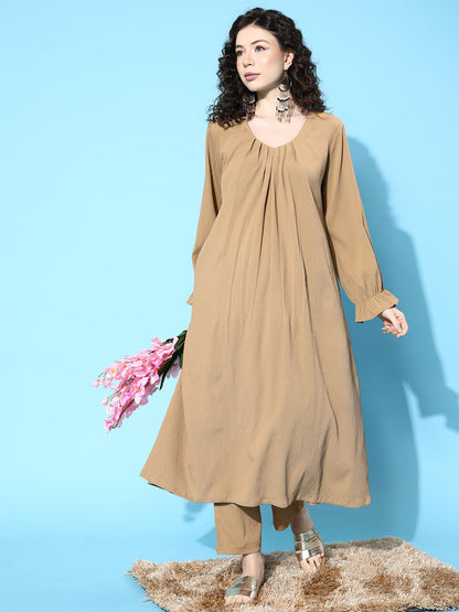 Varanga Women Beige Colour, Bishop Sleeve A-Line Kurta Paired With Tonal Bottom  Elegant & Comfortable Ethnic Wear For Women, Pe