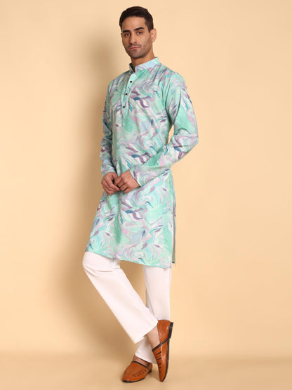 Vardha MenS Cotton Kurta With Impressionist Digital Print Pattern Long Kurtas, Regular Mandarin Collar Straight Fit Printed Kur