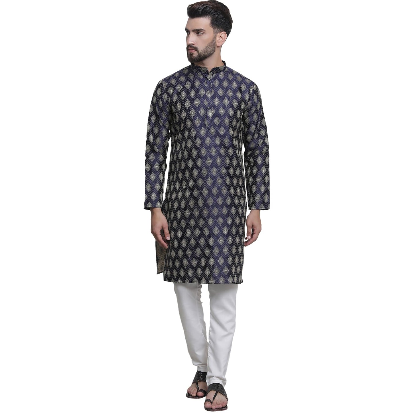 SOJANYA (Since 1958 Men's Silk Blend Booti Jacquard NavyBlue Kurta & Off-White Churidar Pyjama Set