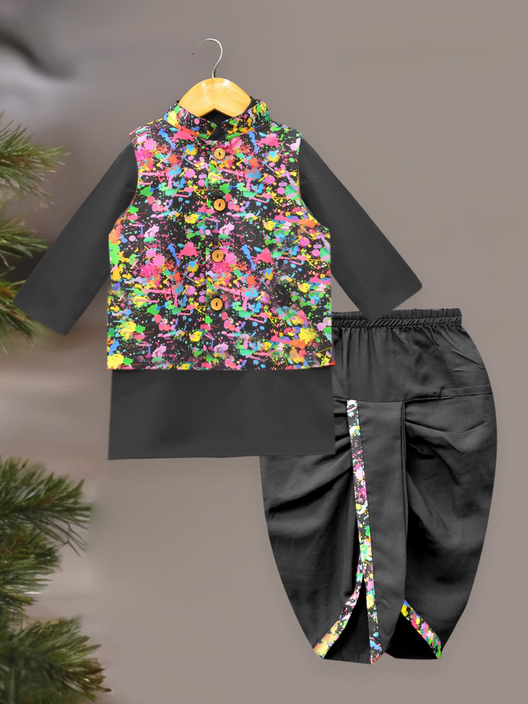 A.T.U.N. (All Things Uber Nice) Boys Black Kurta Dhoti With Splash Printed Nehru Jacket (3 Piece Set)
