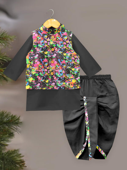 A.T.U.N. (All Things Uber Nice) Boys Black Kurta Dhoti With Splash Printed Nehru Jacket (3 Piece Set)