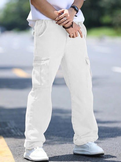 AVANOVA Mens White Cargo Jeans Slim Fit | Stylish Stretch Denim Trousers with Multi Pockets | Casual Wear Pants for Men | Comfor