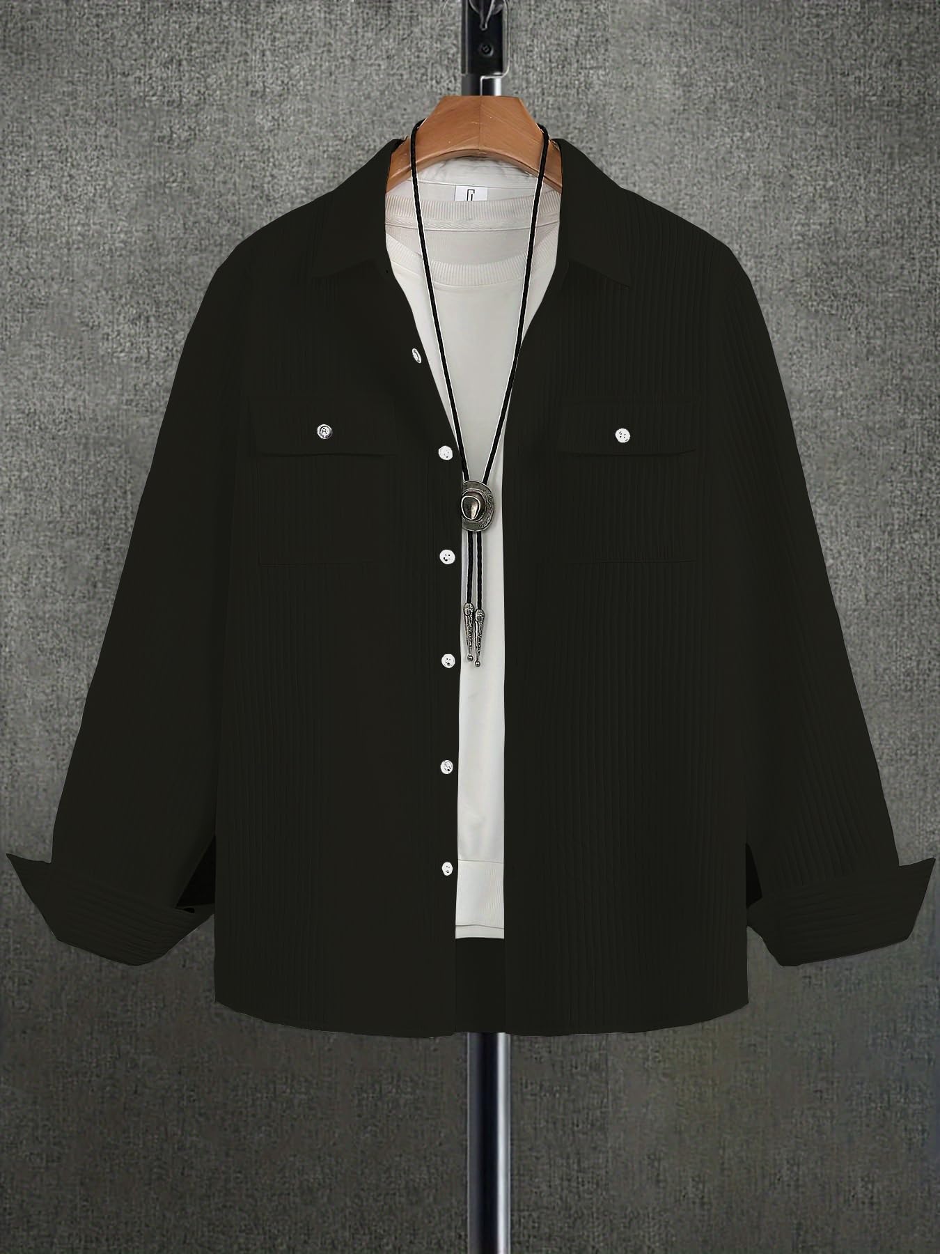 Shasmi Solid Regular Fit Double Pocket Polyester Shirt Casual Plain Full Sleeve (Mens Stylish Ribbed 154_Black