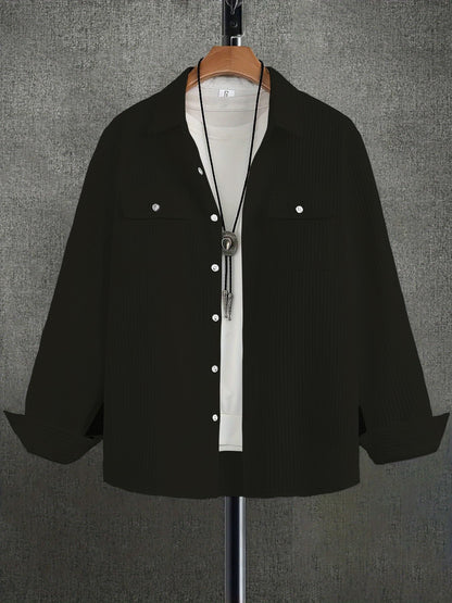 Shasmi Solid Regular Fit Double Pocket Polyester Shirt Casual Plain Full Sleeve (Mens Stylish Ribbed 154_Black