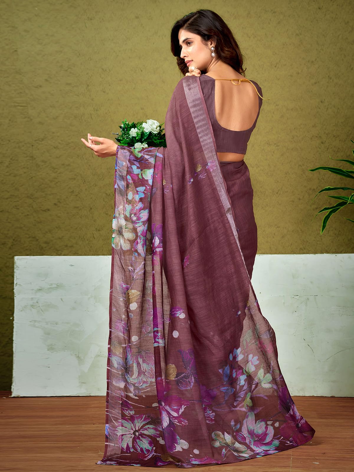 Satrani WomenS Linen Zari Border Printed Ready To Wear One Minute Pre Pleated Readymade Saree With Unstitched Blouse Piece (34R