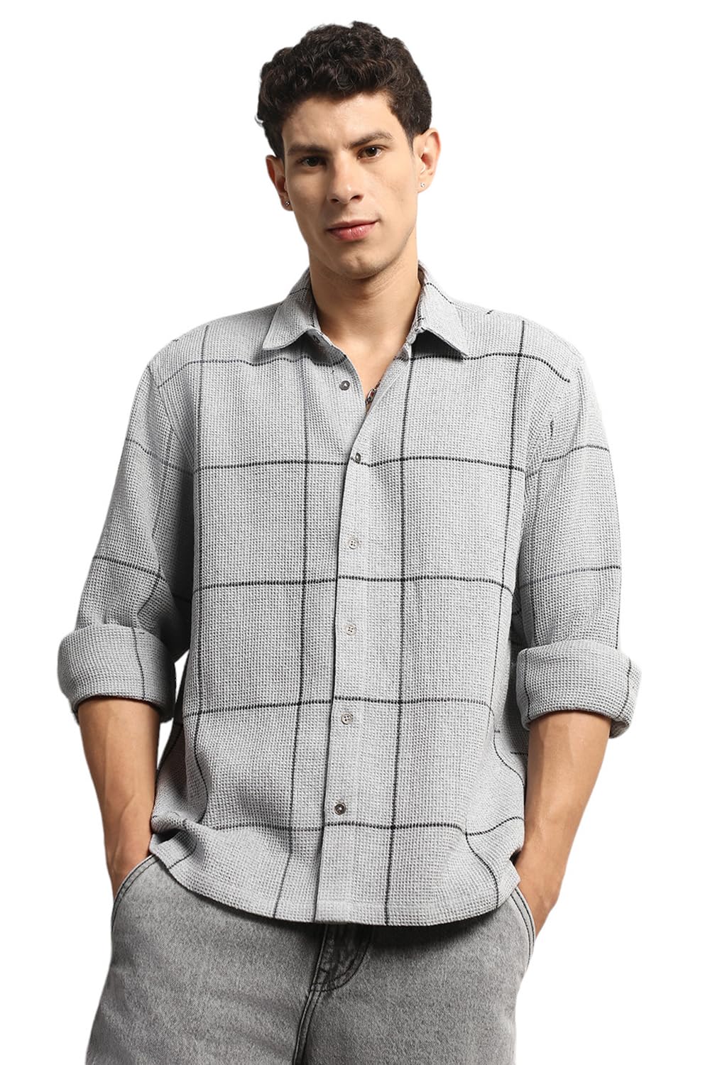 Hubberholme Men Summer Cotton Spread Collar Long Sleeves Oversized Casual Shirt 38 Grey