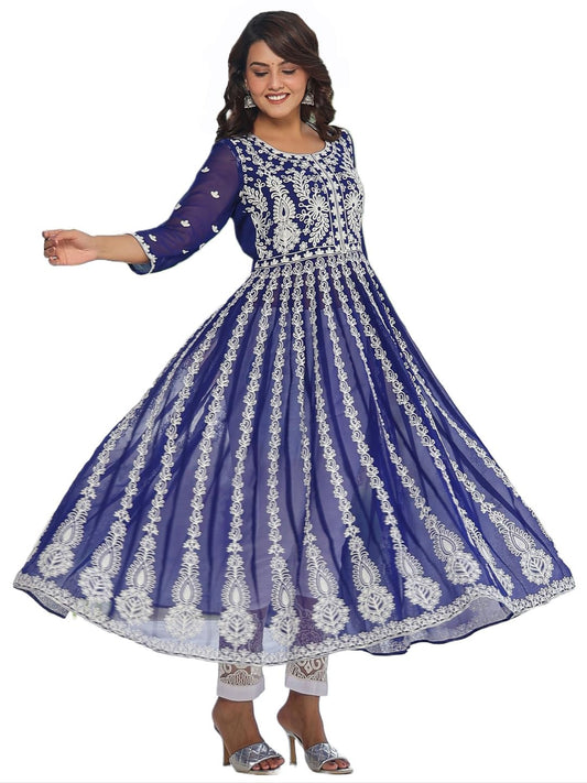 GoSriKi Women's Georgette Anarkali Chikankari Embroidered Kurta