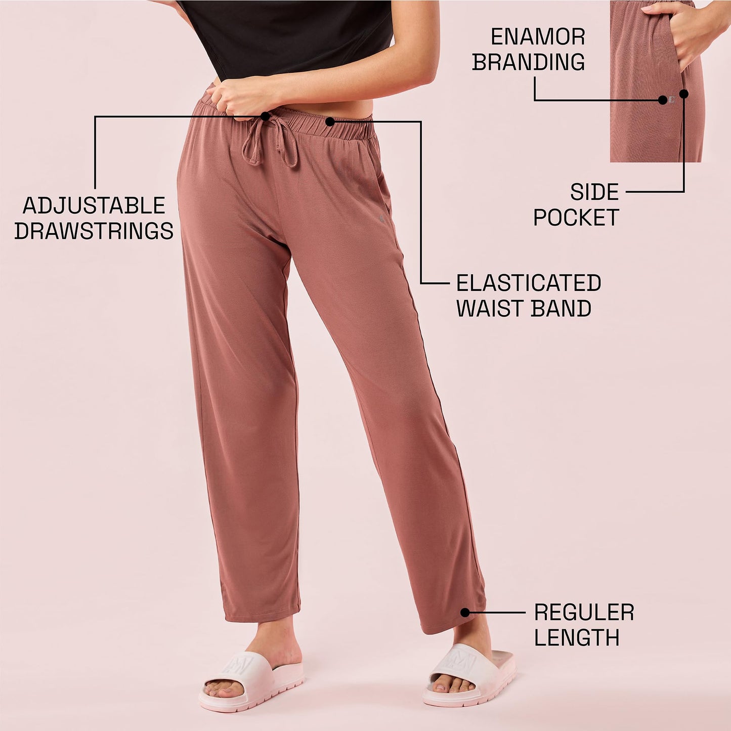 Enamor E404 Womens Home Pant - Relaxed Fit, Mid Rise, Regular Length, Straight Leg