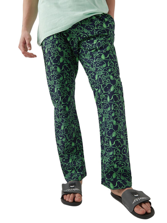 Bewakoof Official Peanuts Merchandise MenS All Over Printed Regular Fit Poplin Cotton Pyjamas_ 642182_ Blue_ S