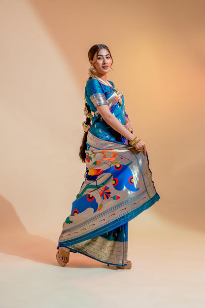 Pujia Mills Woman Pure Banarasi Silk Paithani Saree Indian Ethnic Wear Kanjivaram Saree With Heavy Golden Zari Woven Border With