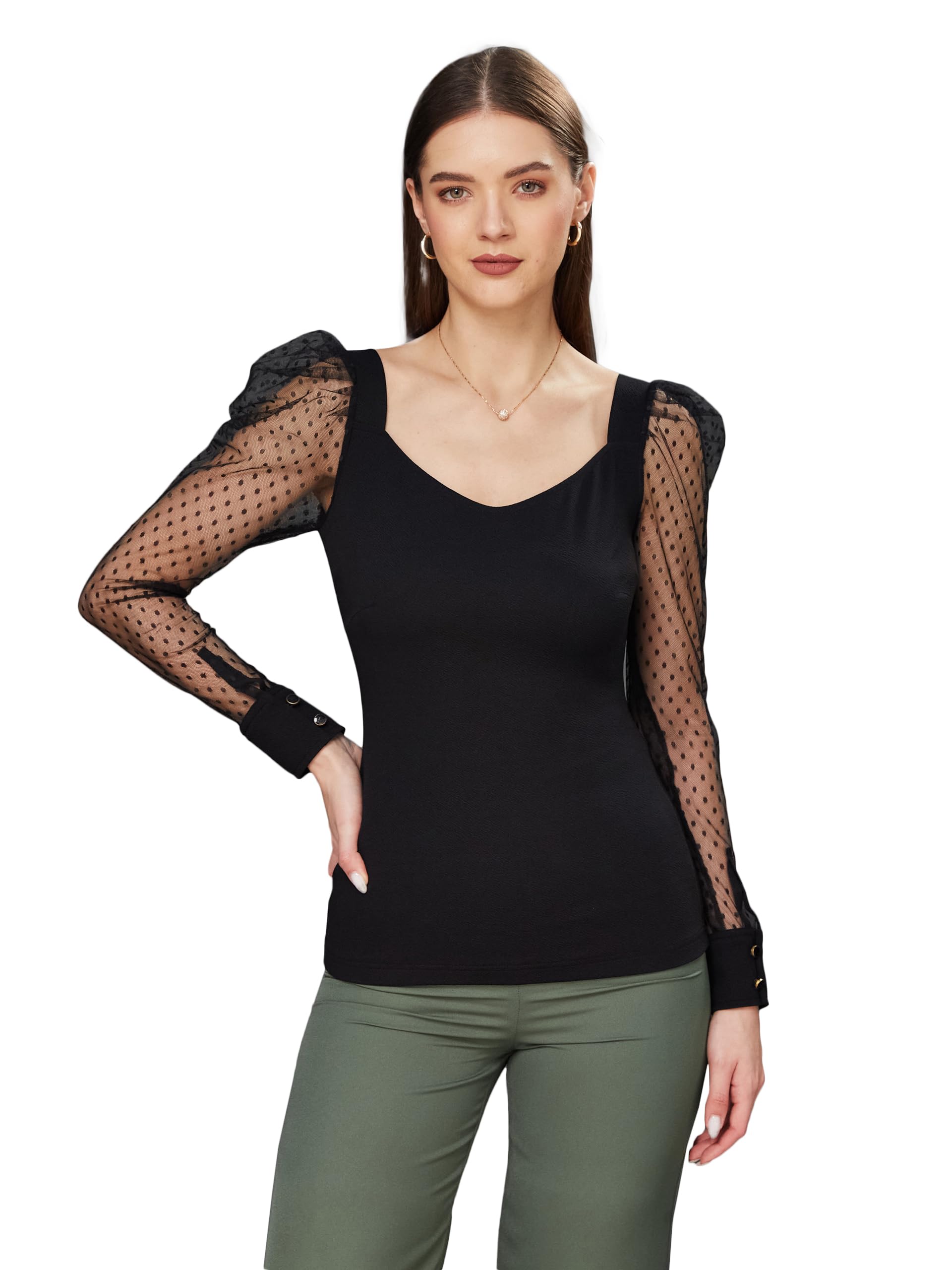 Miss Chase WomenS Polyester Relaxed Fit Solid V-Neck Full Sleeve Regular Top (Mcss23Tp99-51-62-06, Black, Xl)