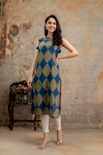Stylum Womens Ethnic Printed Cotton Straight Kurta Blue