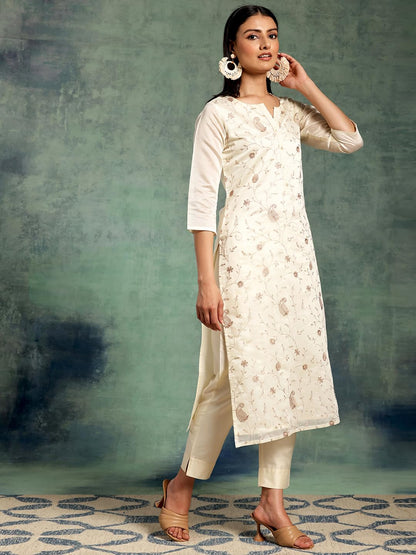 Libas Off White Printed Chanderi Silk Straight Kurta