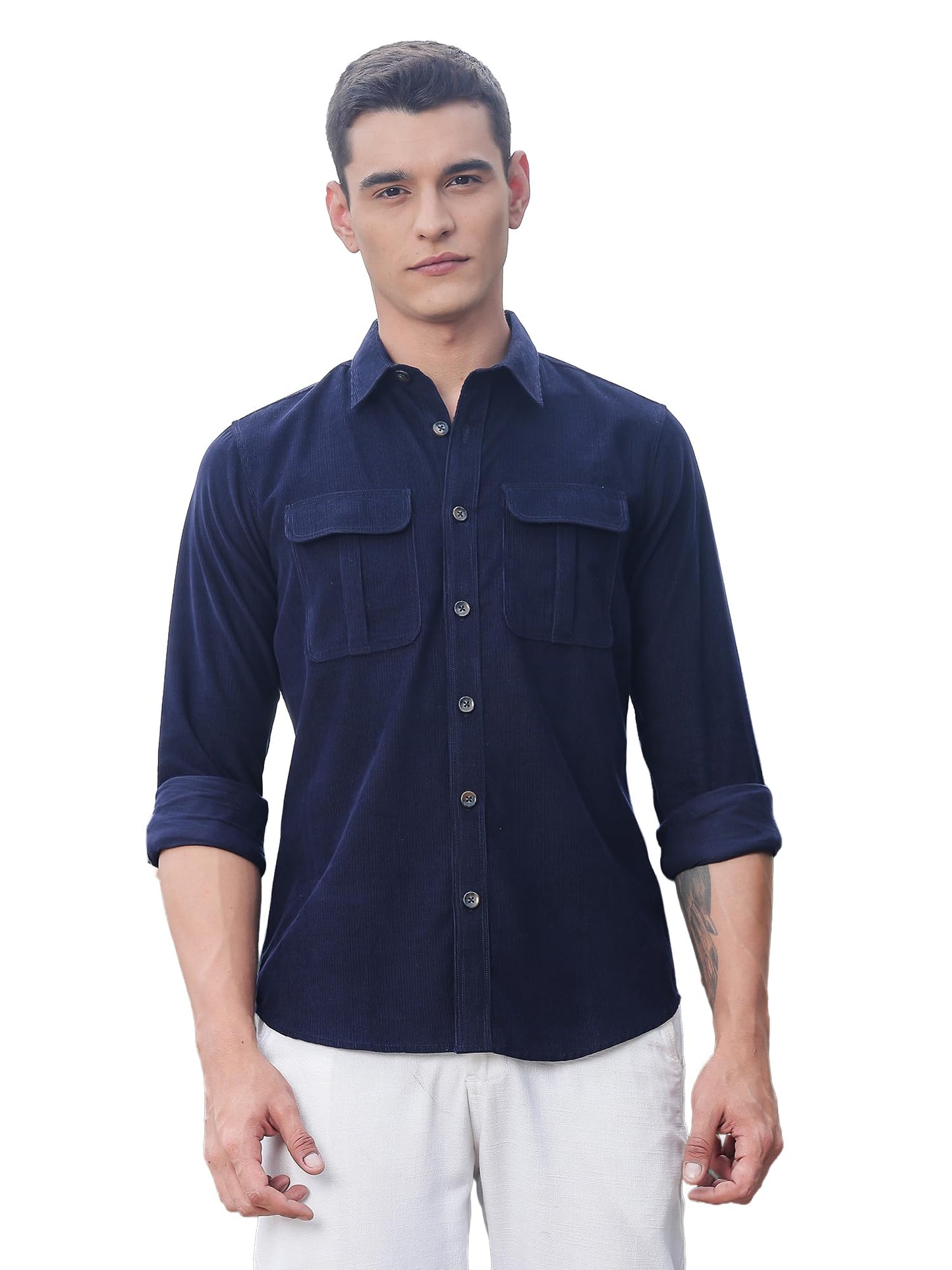 Thomas Scott Mens | Premium | Slim Fit | Long Sleeves | Spread Collar | Double Pocket | 100% Cotton | Corduroy | Casual | Shirt