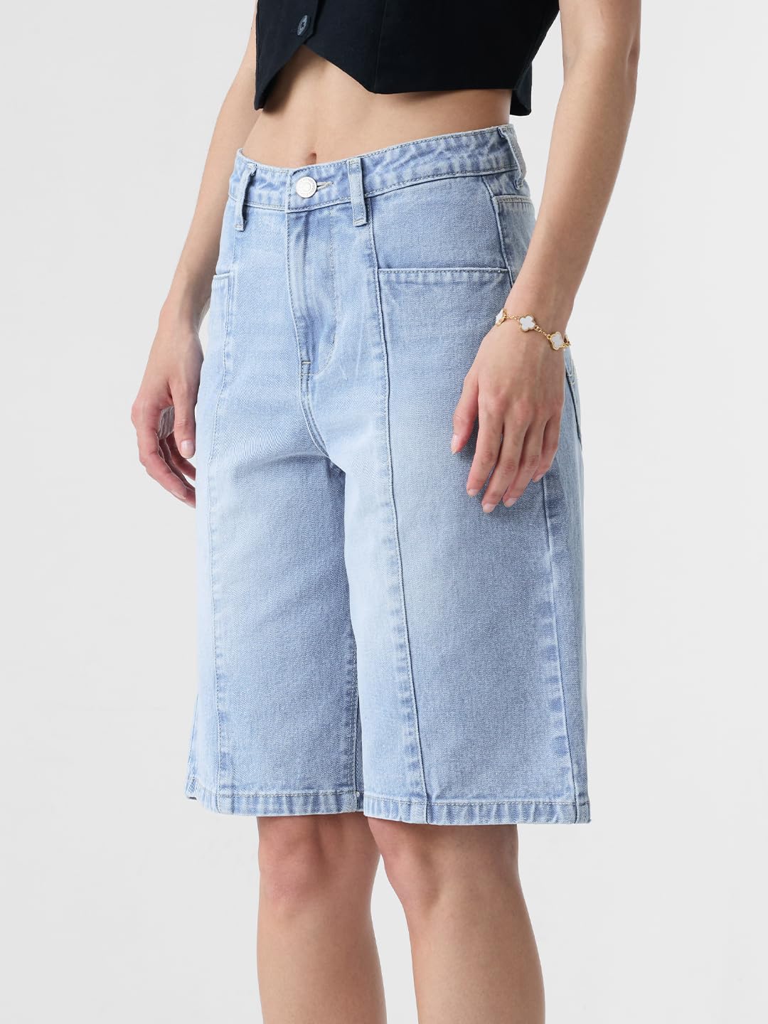 The Souled Store Denim Bermuda: Ice Blue Women and Girls Buttoned Knee Length Solid Cotton Bermuda Shorts