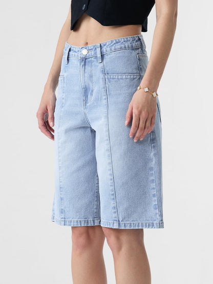 The Souled Store Denim Bermuda: Ice Blue Women and Girls Buttoned Knee Length Solid Cotton Bermuda Shorts